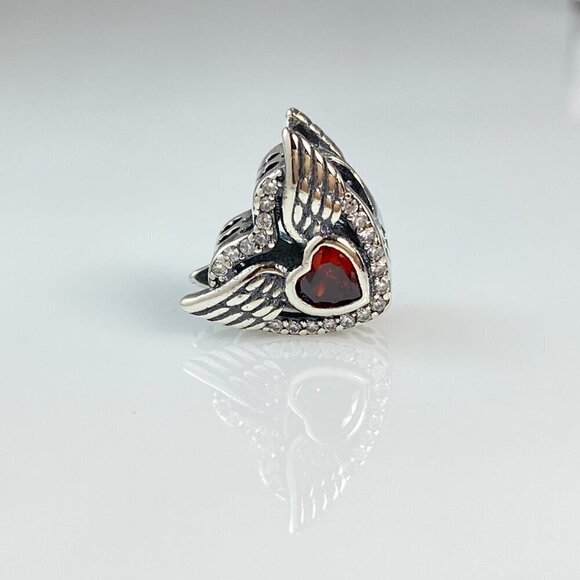 Sterling Silver Red Cubic Zirconia Heart with Wings Charm - Picture 6 of 13